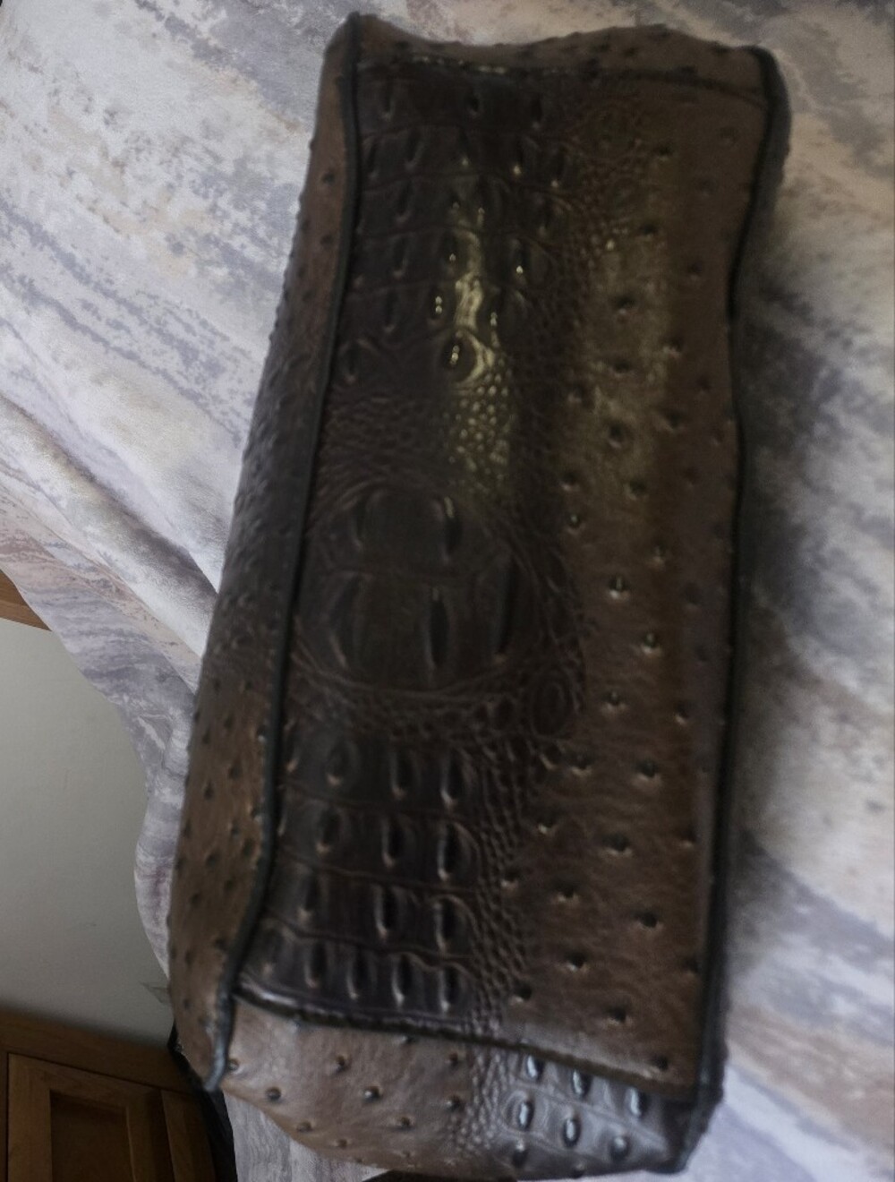 Brown Ostrich Embossed Tote Bag Matching Wallet Croc Texture Satchel - Picture 13 of 13